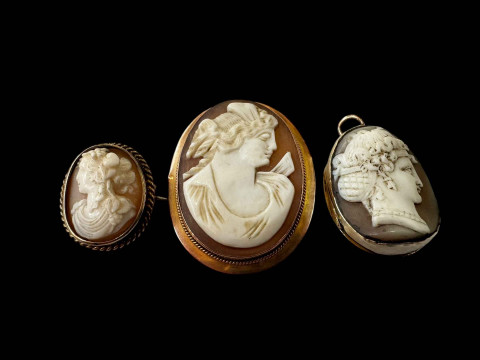 9 carat gold cameo brooch and gold mounted cameo locket pendant and small...