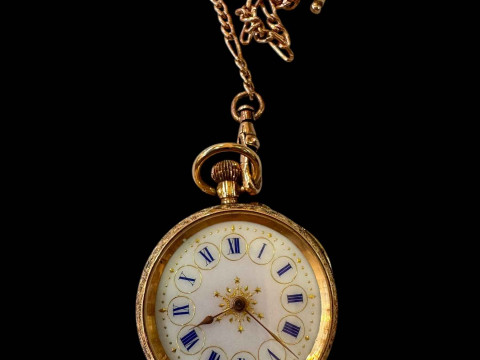 14k gold engraved case fob watch with gold albert.