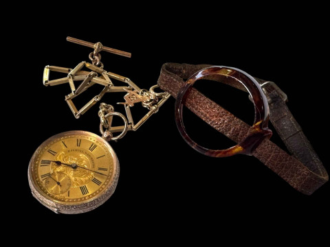 9k gold fob watch with tortoiseshell and leather wrist strap, and 9 carat...