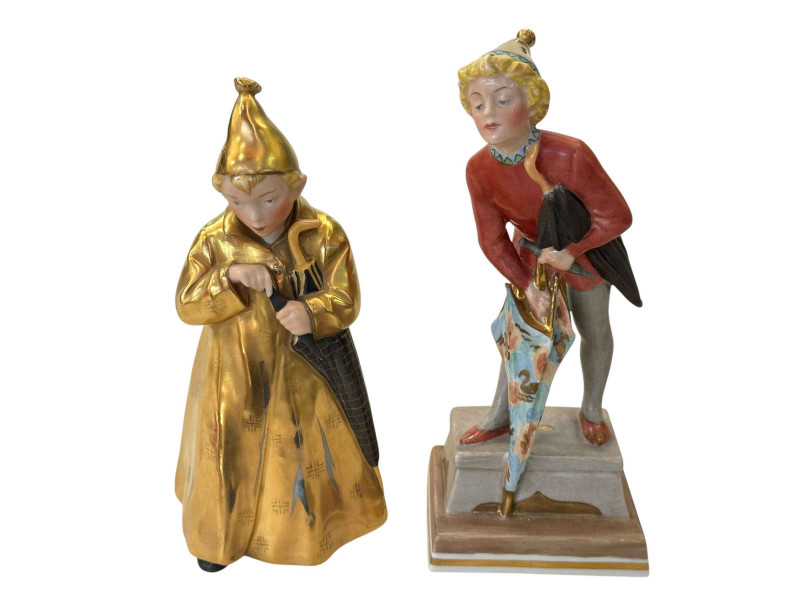 Two Royal Copenhagen Sandmann figures, both boys with umbrella, tallest 17cm.