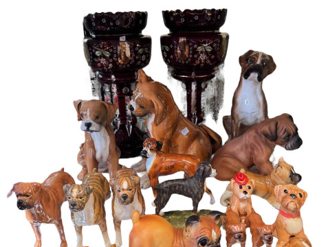 Pair of Victorian ruby glass table lustres and collection of Boxer Dog...