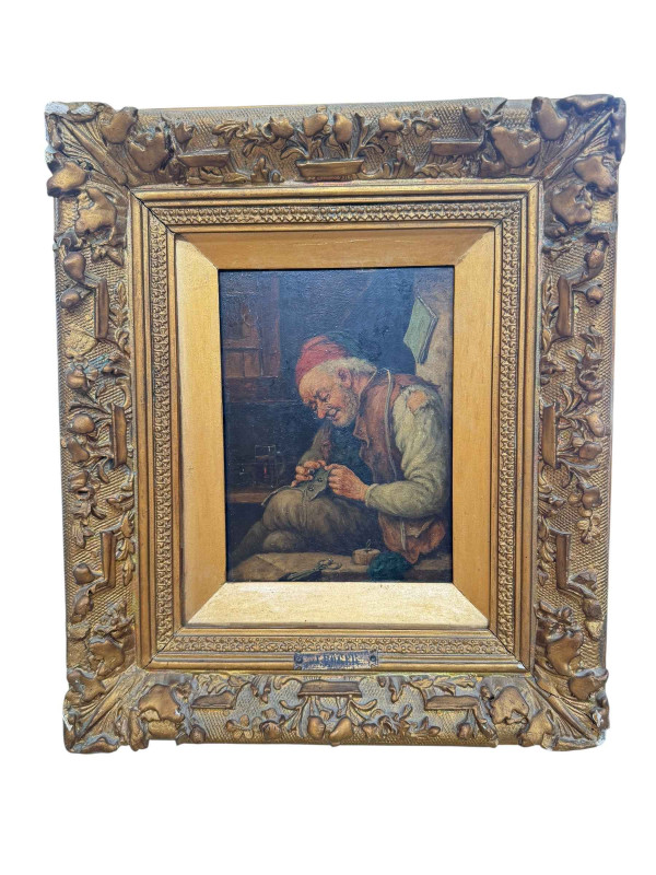 J Roger, Old Gentleman Repairing a Button, oil on panel, signed top right, 20cm by 14.5cm, in ornate gilt frame, label verso.