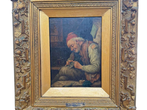 J Roger, Old Gentleman Repairing a Button, oil on panel, signed top right,...