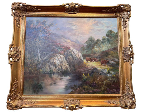 Prudence Turner (1930-2007), Oil on Canvas of Highland Cattle in a Landscape,...