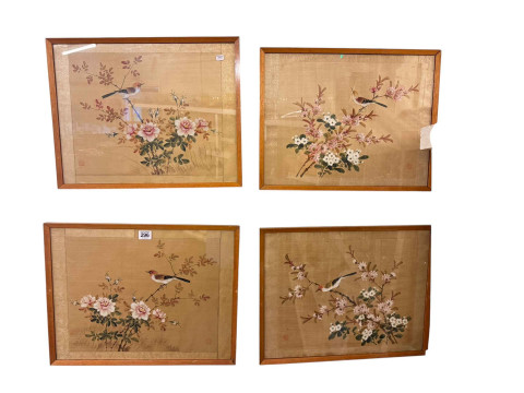 Set of four framed Chinese ornothogical watercolours on silk, 37.5cm by...