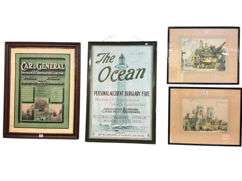 Pair framed prints of York, two framed adverts and four pictures (8).