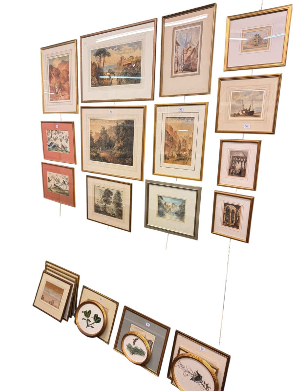 Collection of 24 various framed watercolours and prints including Continental scenes, pair Chinese paintings on silk, etc.