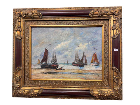 Contemporary framed Maritime oil on panel, 50cm by 60cm including frame.