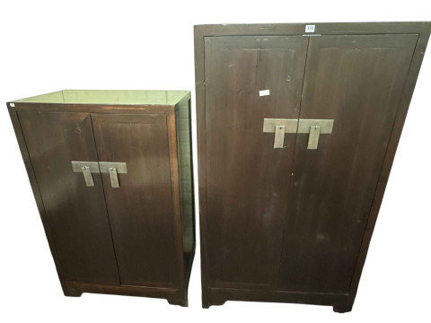 Two Oriental style double door linen cupboards, both fitted with fixed...