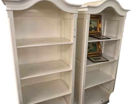 Pair arched top painted four tier open bookcases on cabriole legs, 194cm...
