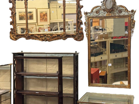 Three open shelf units, nest of three glass and brass tables, three tier...