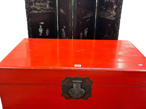 Oriental style red painted trunk and four fold screen with painted and...