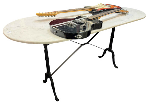 Oval marble topped patio table with cast iron base, 75.5cm by 67cm by...