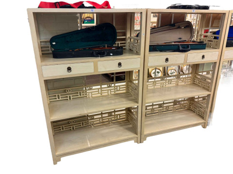 Pair elm two tone painted four tier, two drawer free standing shelf units,...