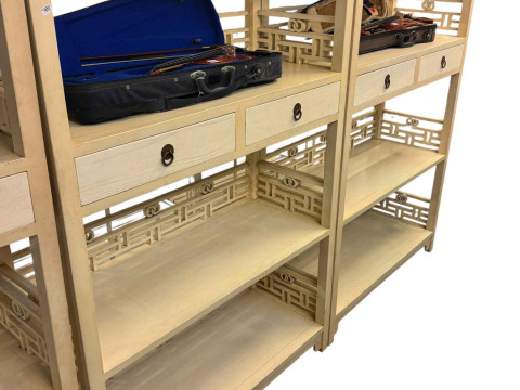 Pair elm two tone painted four tier, two drawer free standing shelf units,...