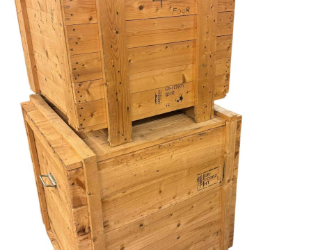 Two wooden removal crates, largest 87cm by 79cm by 79cm.