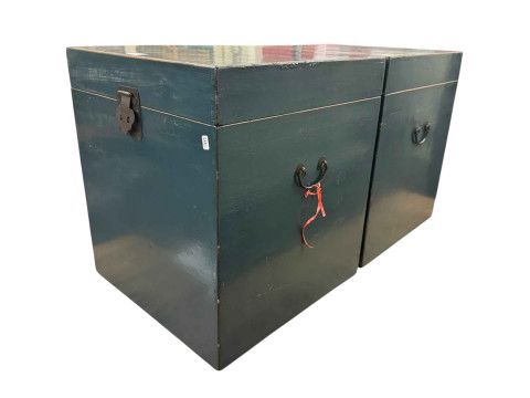 Pair painted Oriental style boxes, 50cm by 43.5cm by 43.5cm.