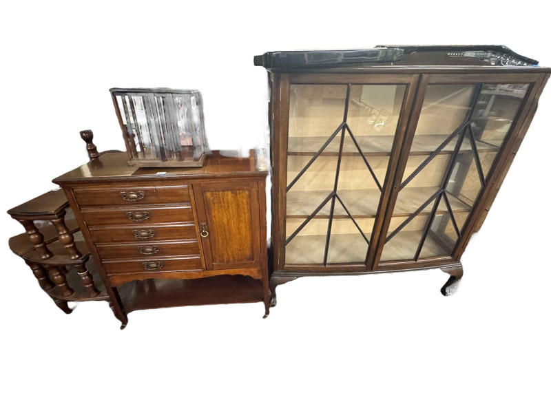 Edwardian mahogany six drawer music cabinet and mahogany two door china cabinet on ball and claw legs.
