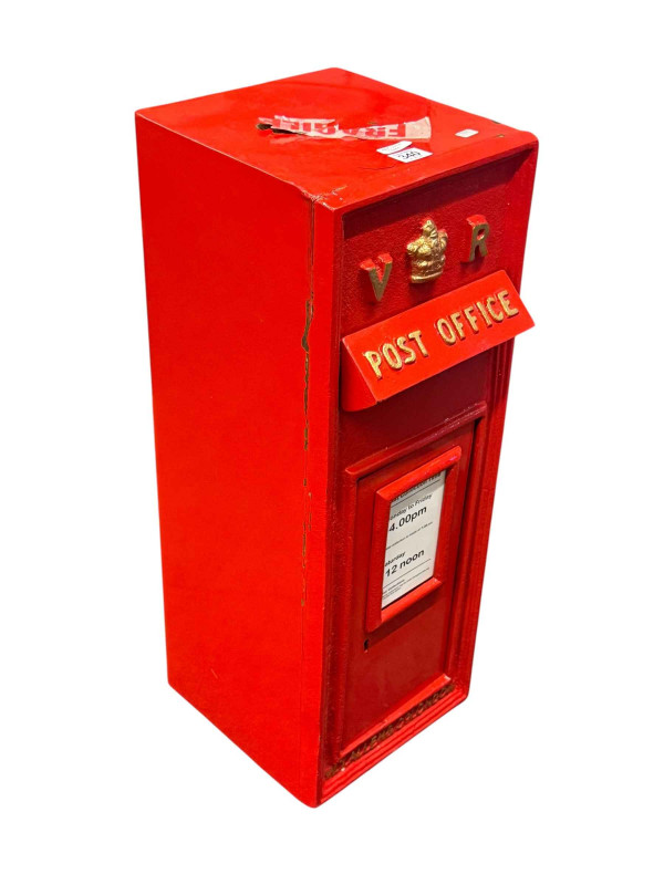 Cast post box and keys, 68cm by 24.5cm by 30cm.