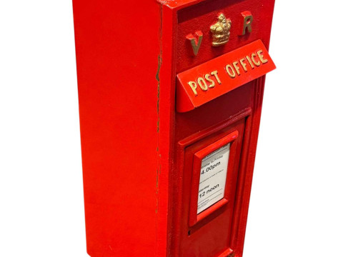 Cast post box and keys, 68cm by 24.5cm by 30cm.