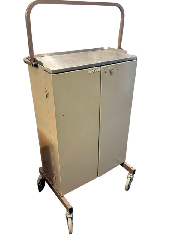 Vintage Bristol Maid two door fitted portable lockable hospital medicinal cabinet and keys, 138cm by 67cm by 49cm.