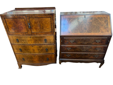 Walnut three drawer bureau and walnut three drawer linen cupboard (2).