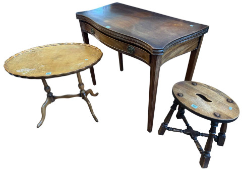 Georgian mahogany fold top tea table of serpentine form, oval oak turned...