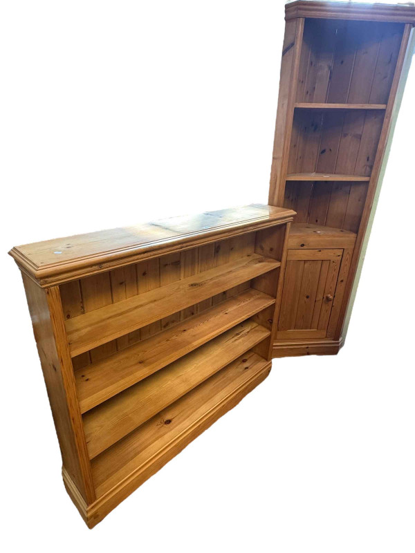 Pine four tier open bookcase, 108cm by 126cm by 24cm and pine open topped standing corner cabinet, 197cm (2).