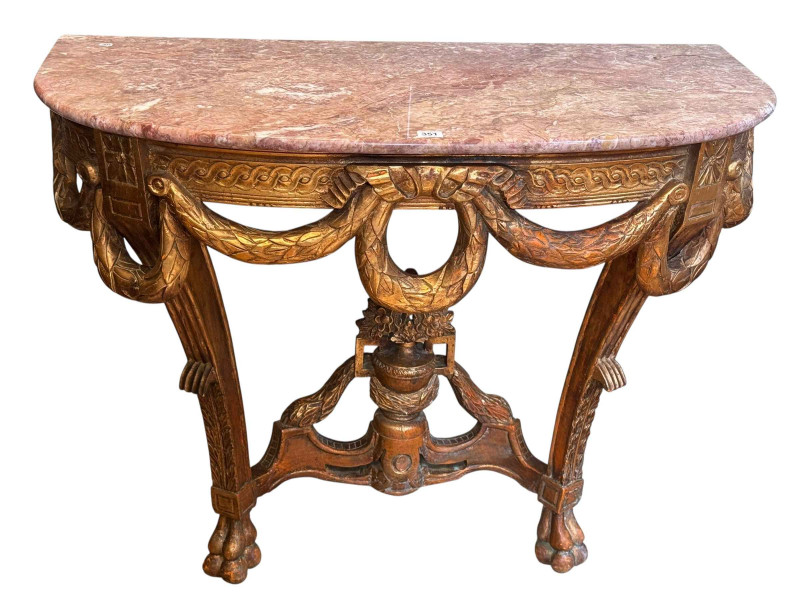 Gilt painted and marble topped demi lune console table, 79cm by 103cm by 48cm.