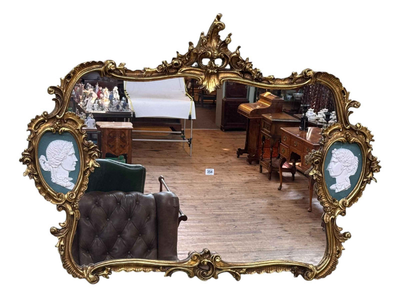 French gilt framed and portrait plaque decorated overmantel mirror, 100cm by 138cm.