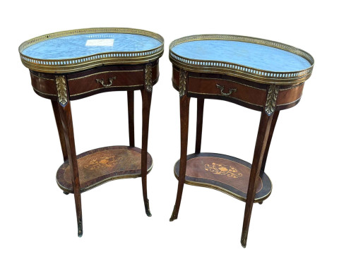 Pair Continental Kingswood and marble inset top kidney shaped single drawer...