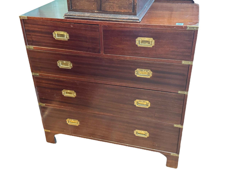 Campaign style brass bound chest of two short above three long drawers, 90cm by 91.5cm by 45cm.