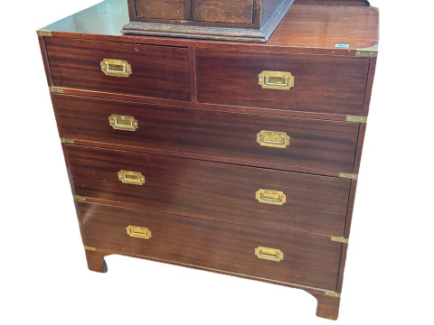 Campaign style brass bound chest of two short above three long drawers,...