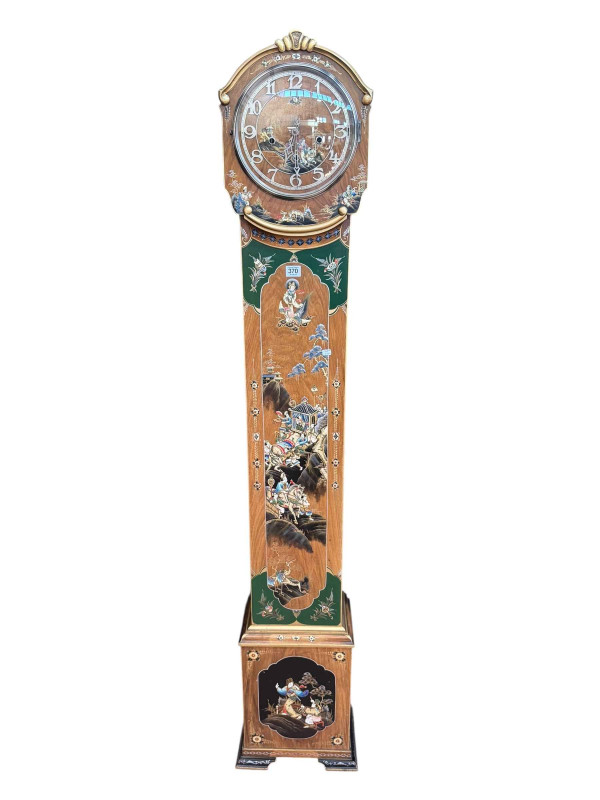 1930's walnut chinoiserie decorated chiming grandmother clock, 176cm.