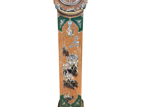 1930's walnut chinoiserie decorated chiming grandmother clock, 176cm.