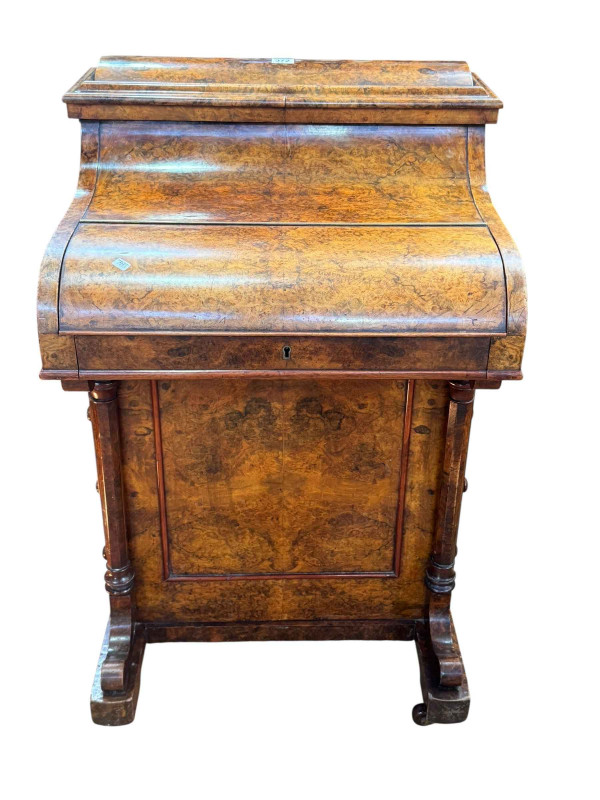 Victorian burr walnut piano top Davenport having elevating stationery compartment, slide out writing surface and four side drawers, 92cm by 59cm by 52cm.