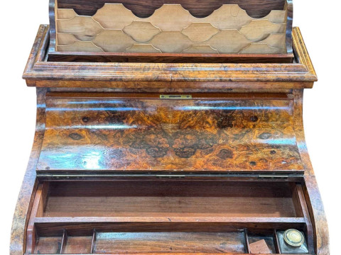 Victorian burr walnut piano top Davenport having elevating stationery compartment, slide out writing surface and four side drawers, 92cm by 59cm by 52cm. thumbnail