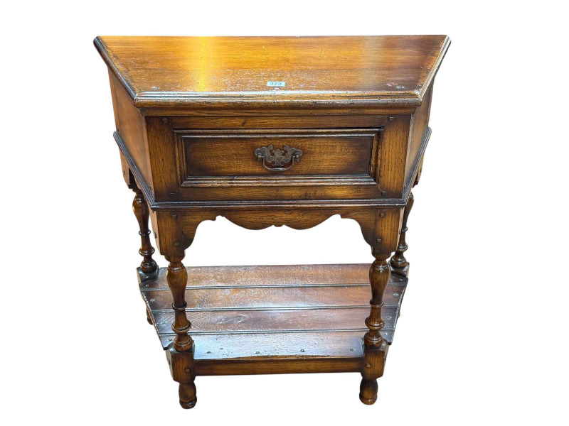Titchmarsh & Goodwin style oak canted corner single drawer hall table with undershelf, 76cm by 78cm by 38cm.