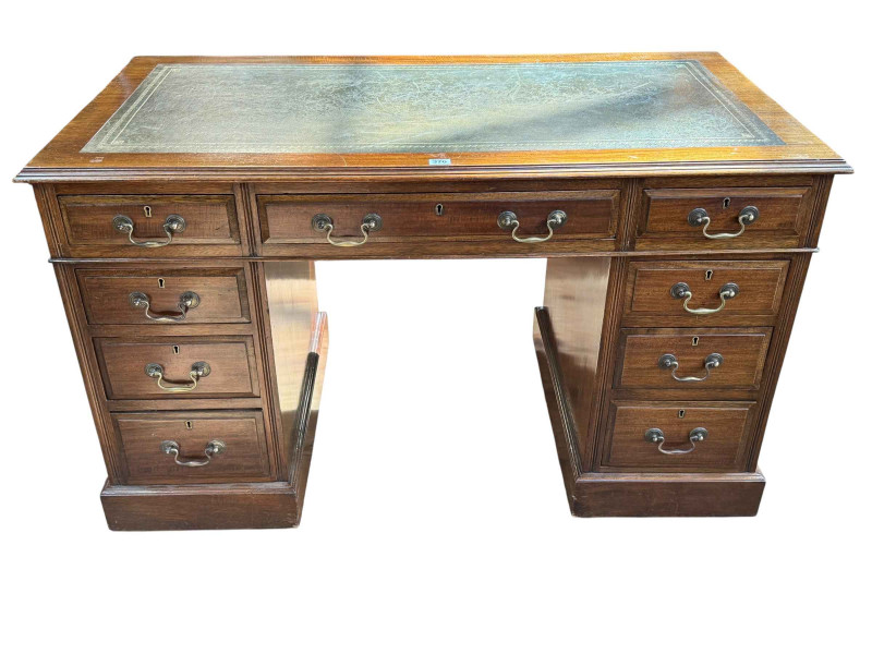 Late Victorian nine drawer pedestal desk, 74cm by 122cm by 65cm.
