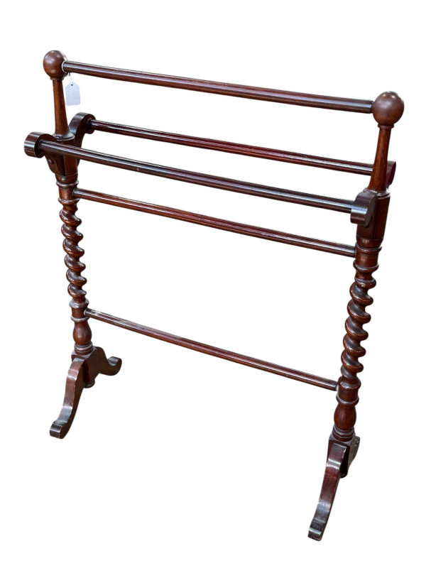 Mahogany five bar towel rail with twist supports, 88cm by 68cm by 32cm.