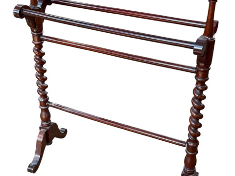 Mahogany five bar towel rail with twist supports, 88cm by 68cm by 32cm.