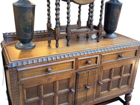 Early 20th Century oak dining furniture comprising two door sideboard with cellarette drawer, barley twist gate leg dining table, smaller barley twist gate leg table, three dining chairs and stool in matching fabric (7). thumbnail