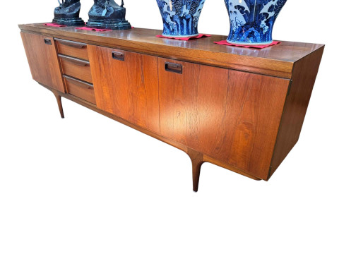 Mid Century teak long john cocktail sideboard, 77.5cm by 220cm by 45cm.