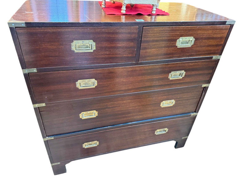 Campaign style brass bound chest of two short above three long drawers, 90.5cm by 91.5cm by 45cm.