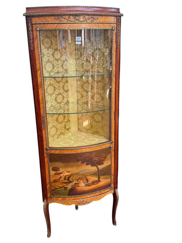 H & L Epstein Ltd French style corner display cabinet with painted panel, 168cm.