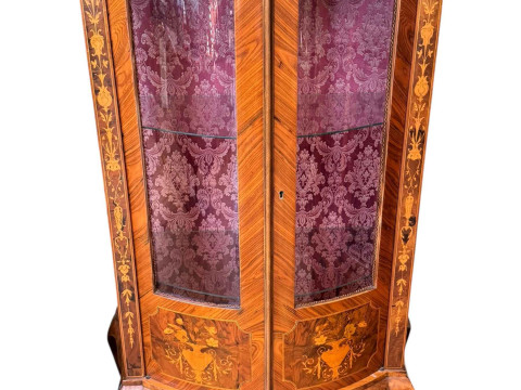 Continental marquetry inlaid two door serpentine front vitrine, 140cm...
