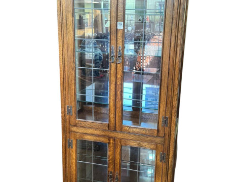 Oak display cabinet having four leaded glazed panel doors, 178cm by 80cm...