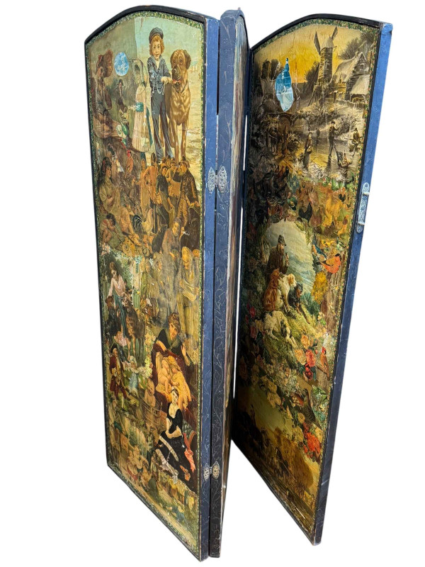 Victorian arched top three fold scrap screen, 170cm.