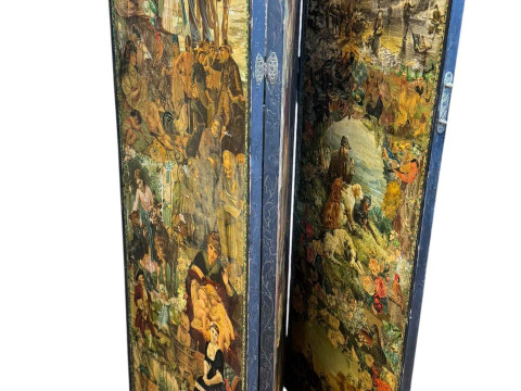 Victorian arched top three fold scrap screen, 170cm.