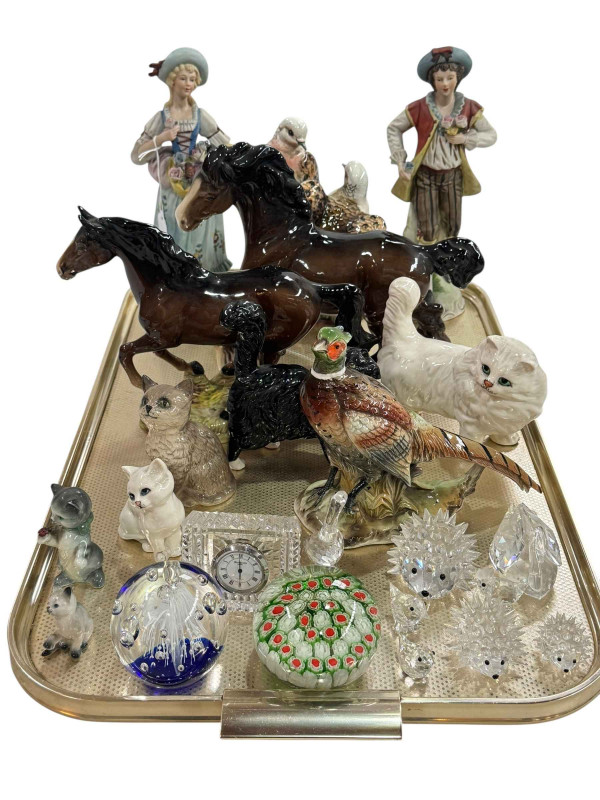 Pair of bisque figures, two Beswick horses, four cats and pheasant, small Waterford clock, Swarovski, two paperweights, etc.